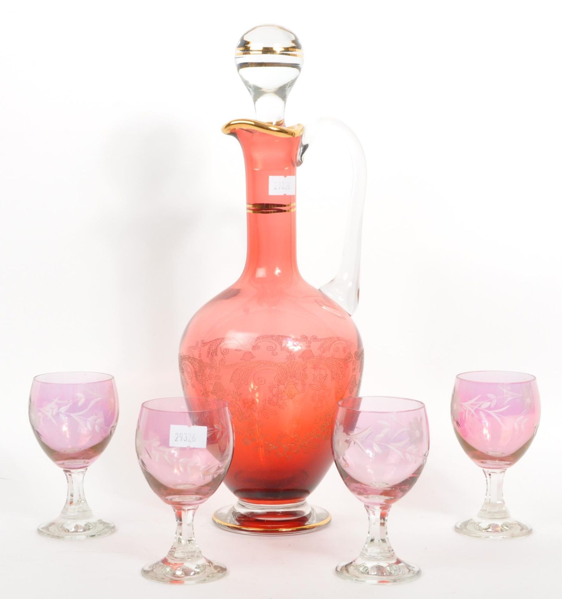 CRANBERRY GLASS DECANTER AND GLASSES ETCHED DESIGN