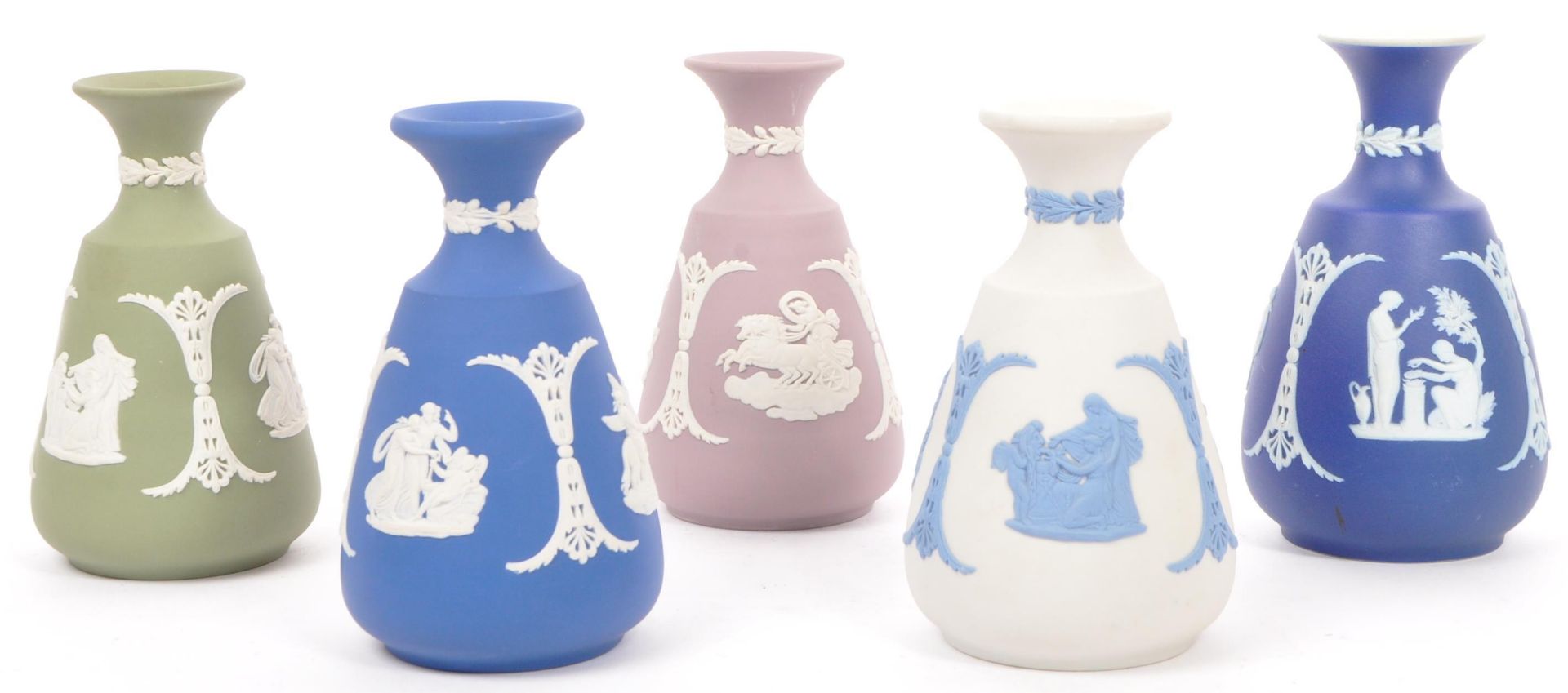 FIVE WEDGWOOD CAMEO WARE JASPERWARE BUD VASES