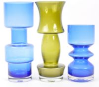THREE RETRO VINTAGE RIIHIMAKI GREEN & BLUE GLASS VASES