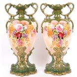 PAIR 19TH CENTURY VICTORIAN TWIN HANDLED STAFFORDSHIRE VASES