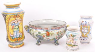 FOUR EARLY TO MID CENTURY HAND PAINTED ITALIAN MAJOLICA VESSELS