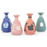 FOUR WEDGWOOD JASPERWARE BUD VASES - TEAL - TERRACOTTA - PINK