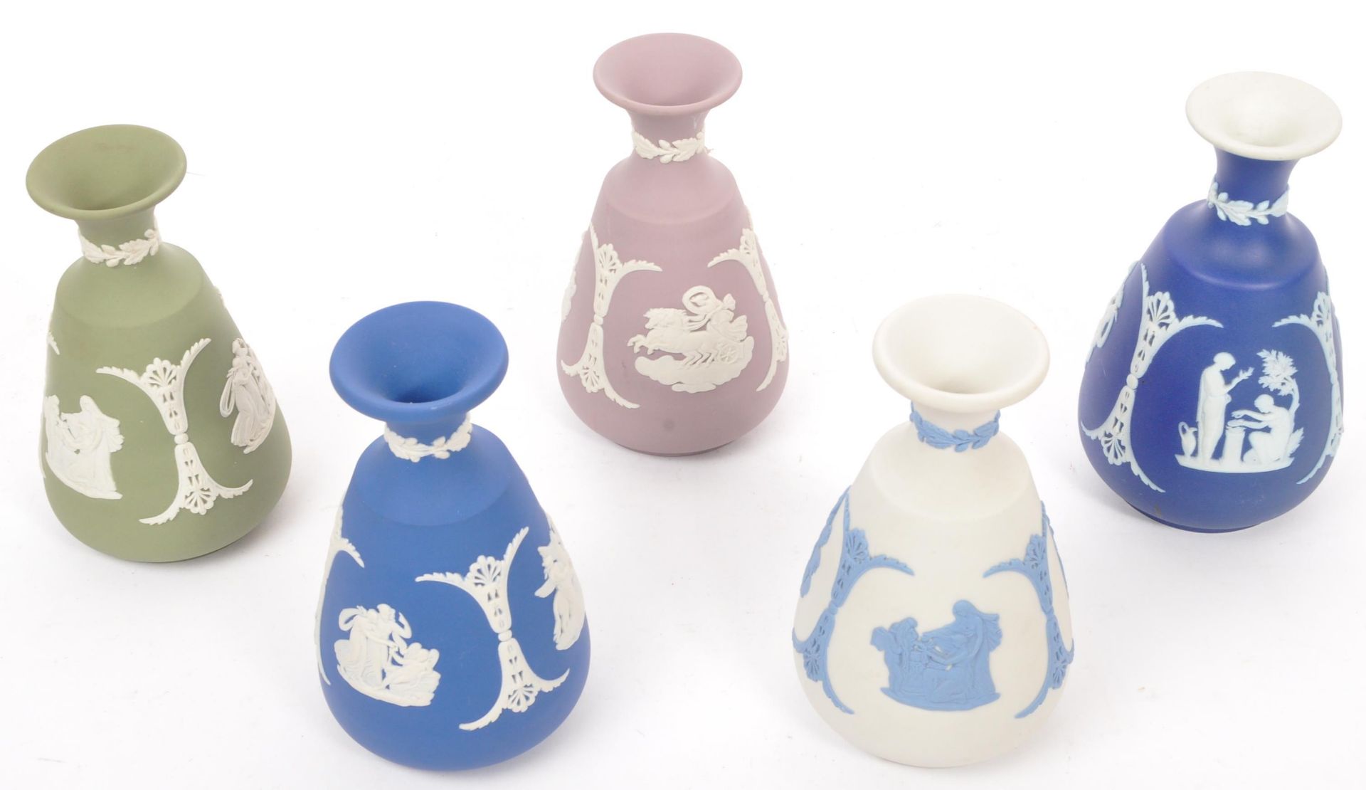 FIVE WEDGWOOD CAMEO WARE JASPERWARE BUD VASES - Image 2 of 9