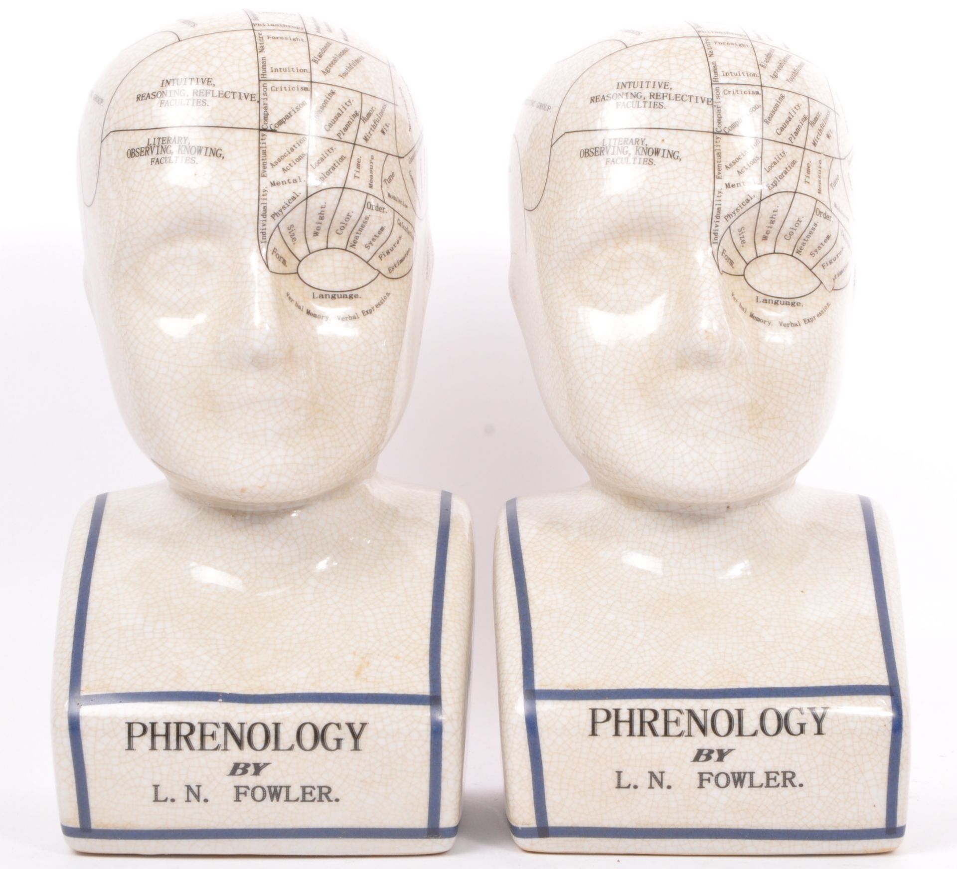 PAIR OF VINTAGE PHRENOLOGY CERAMIC BUSTS AFTER L. N. FOWLER