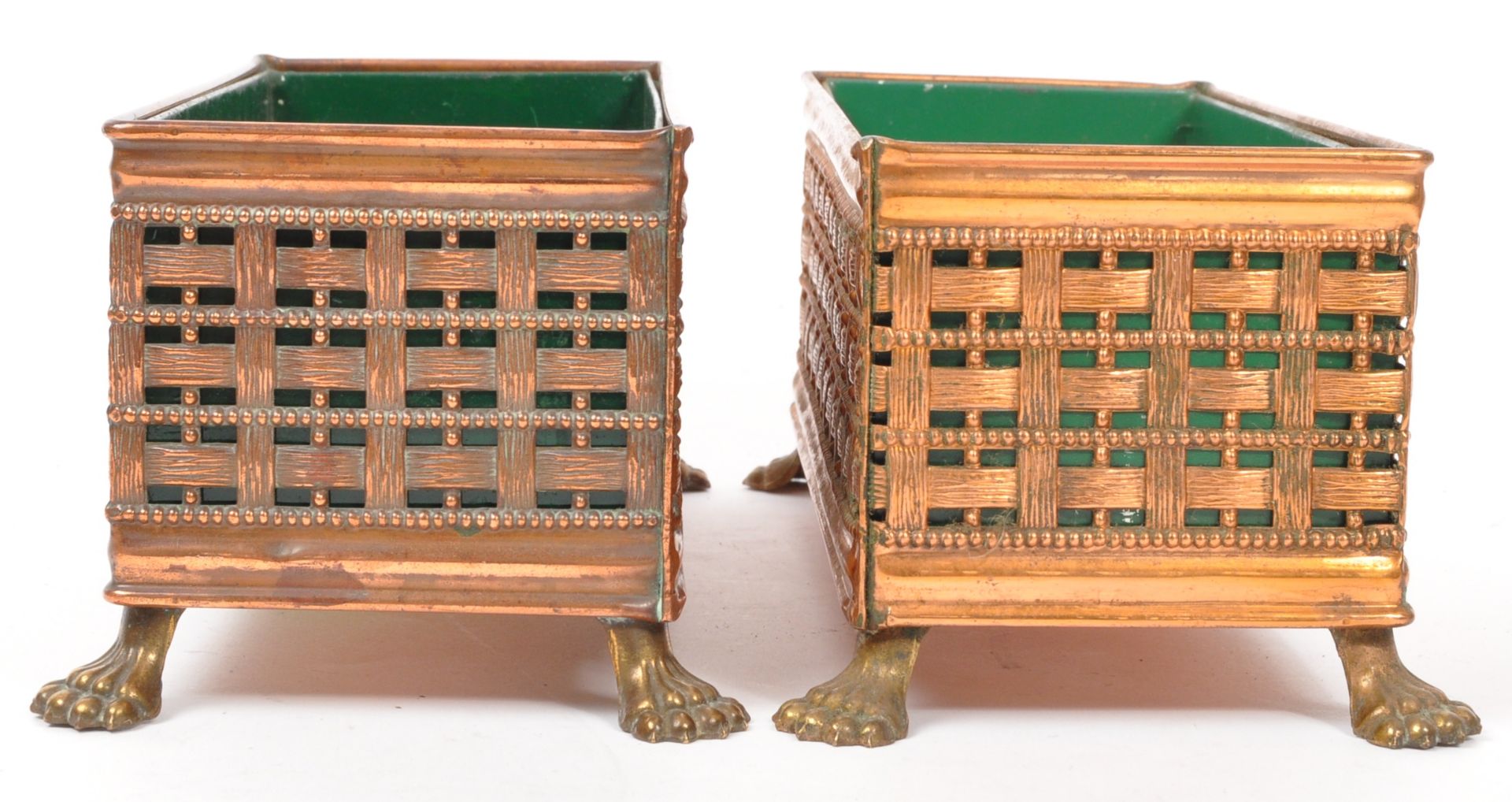 PAIR OF ART & CRAFTS EMBOSSED WICKER EFFECT COPPER PLANTERS - Image 2 of 5