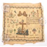 VICTORIAN 1800S NEEDLEPOINT SAMPLER WITH RELIGIOUS IMAGERY