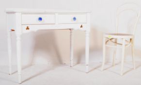 A VINTAGE RETRO PAINTED PINE DESK AND CAFE CHAIR