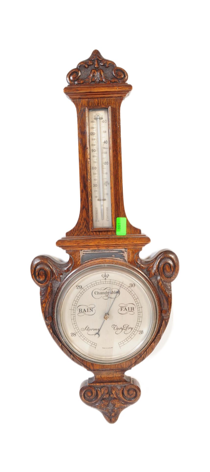 1920'S SOLID OAK LARGE ANEROID BANJO WALL BAROMETER