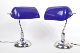 MATCHING PAIR OF LATE 20TH CENTURY BLUE SHADE BANKERS LAMPS