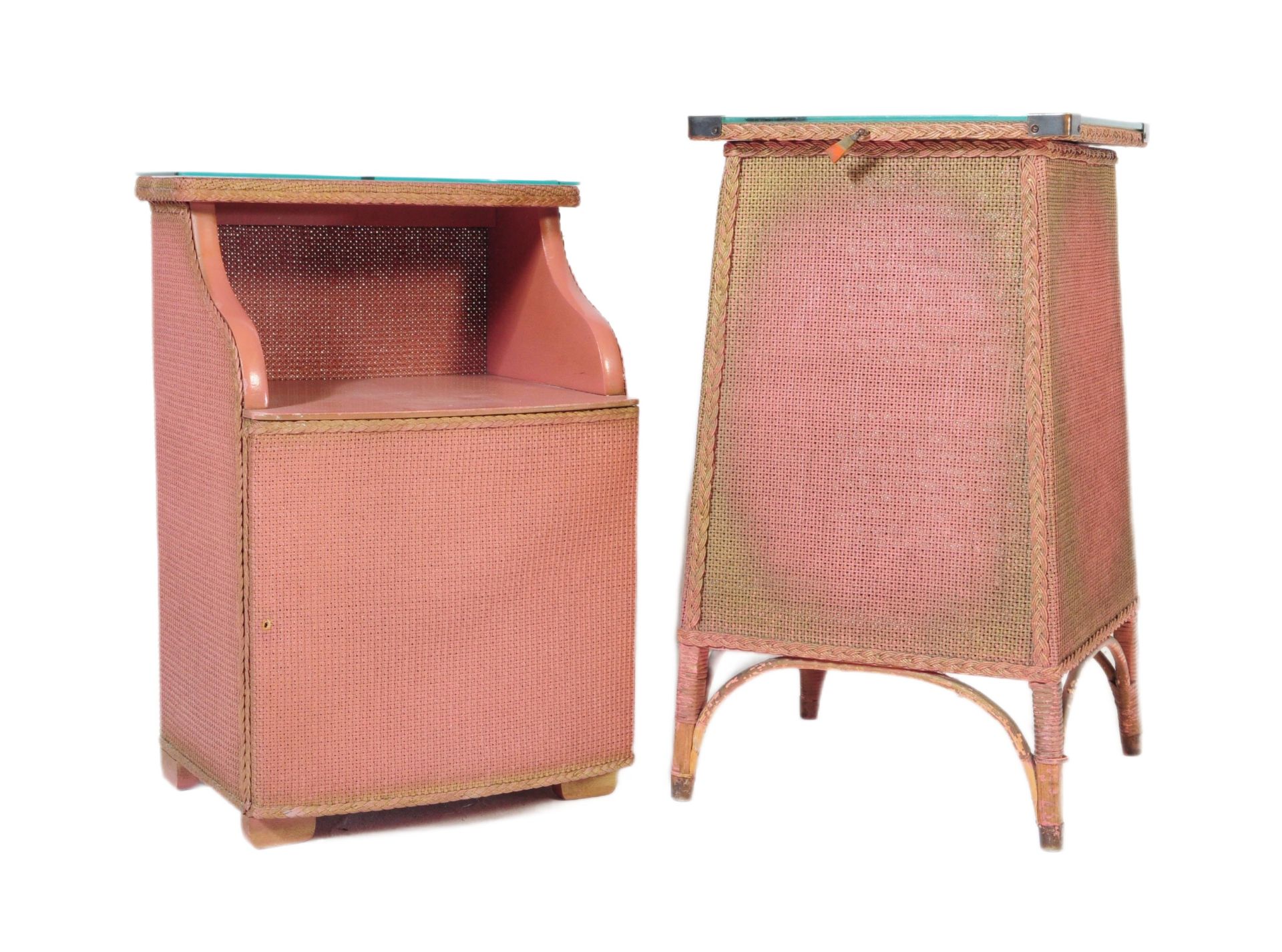 MID 20TH CENTURY RATTAN LAUNDRY BASKET AND BEDSIDE CABINET