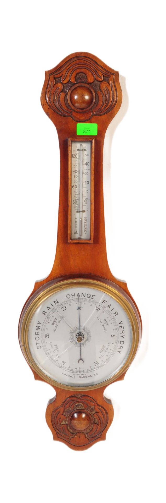 1920's OAK AND MILK GLASS FRONTED ANEROID WALL BAROMETER