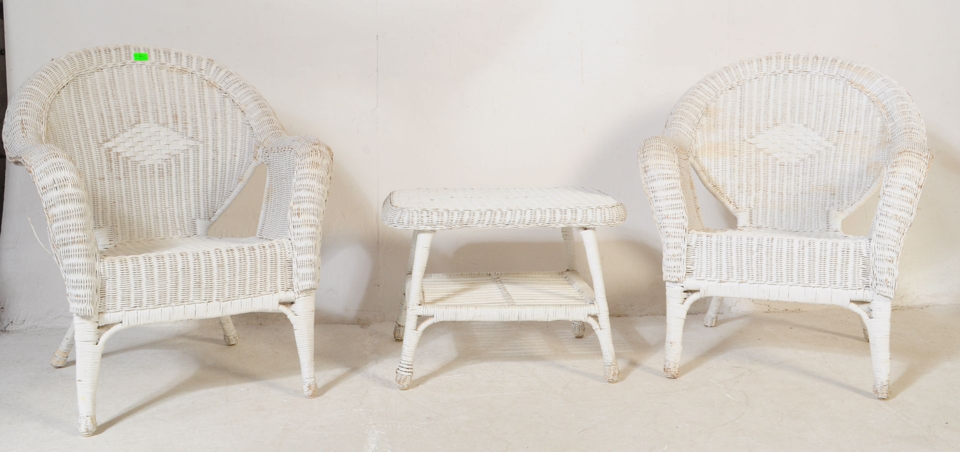 MID CENTURY PAINTED RATTAN ARMCHAIRS & OCCASIONAL TABLE