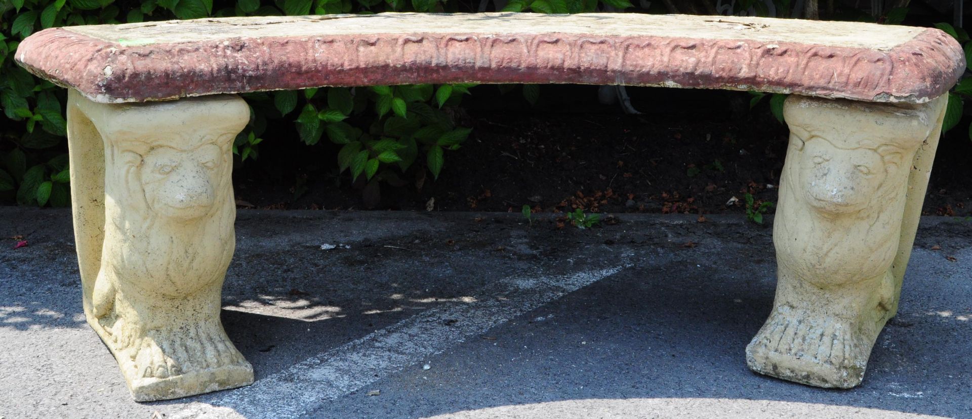 20TH CENTURY STONE GARDEN BENCH - LION PEDESTAL