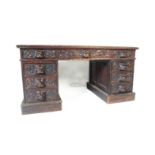 VICTORIAN 19TH CENTURY OAK GREEN MAN TWIN PEDESTAL DESK