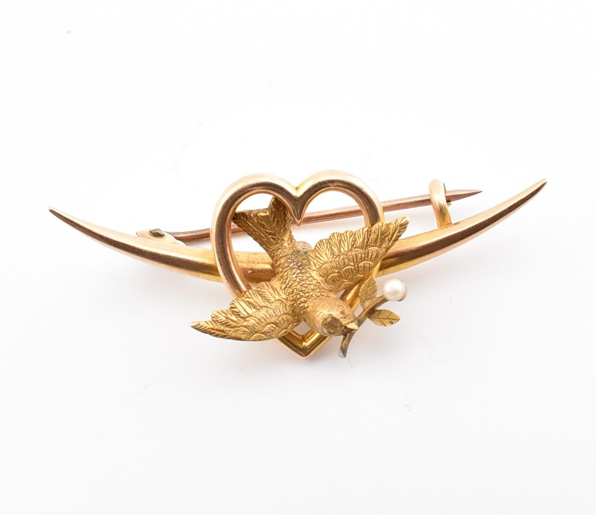 VICTORIAN 15CT GOLD SWALLOW HEART & CRESCENT BROOCH PIN - Image 6 of 6