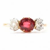18CT GOLD FRENCH SPINEL & DIAMOND THREE STONE RING