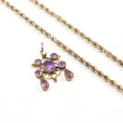 HALLMARKED 9CT GOLD NECKLACE CHAIN WITH AMETHYST & PEARL PENDANT