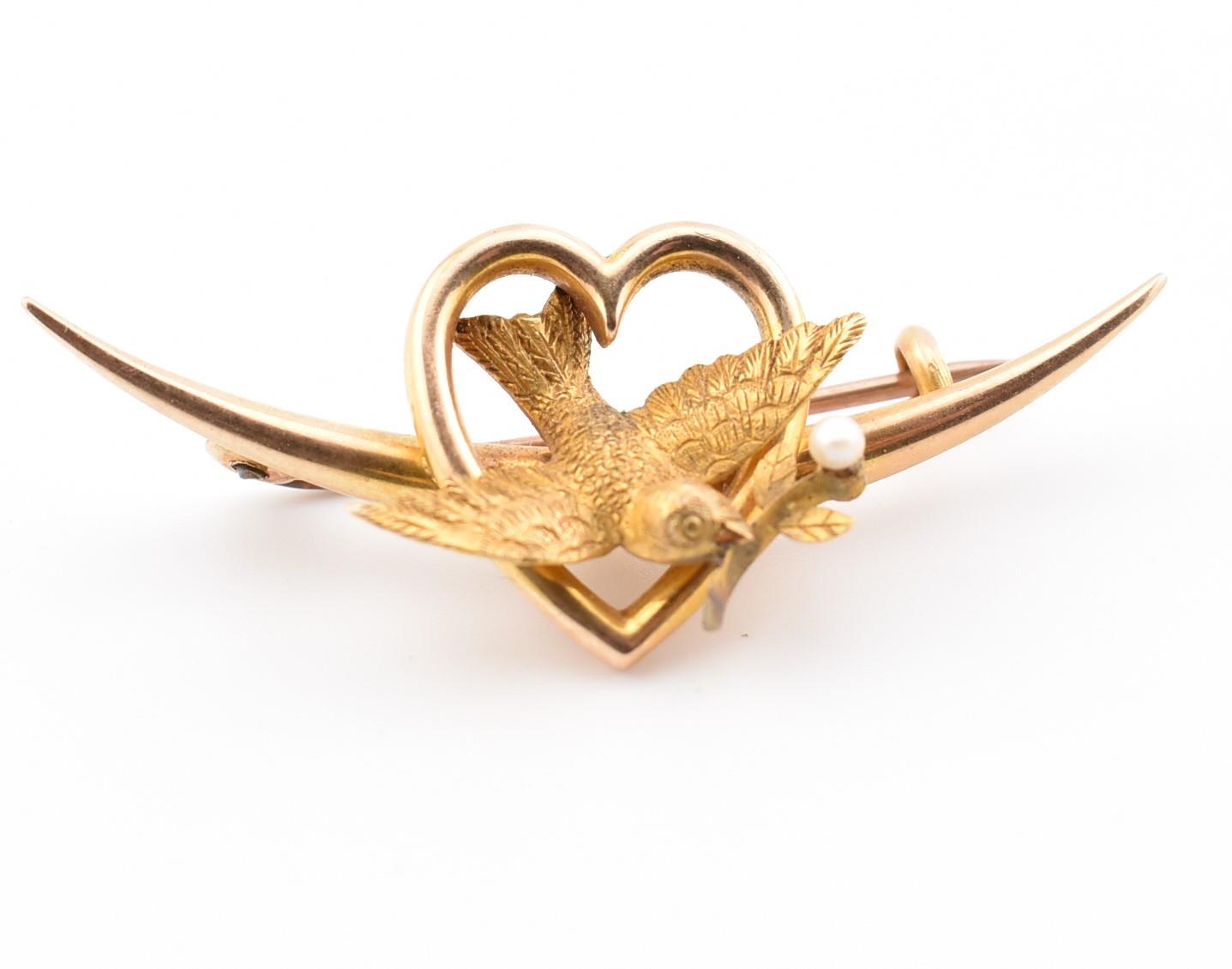 VICTORIAN 15CT GOLD SWALLOW HEART & CRESCENT BROOCH PIN - Image 5 of 6