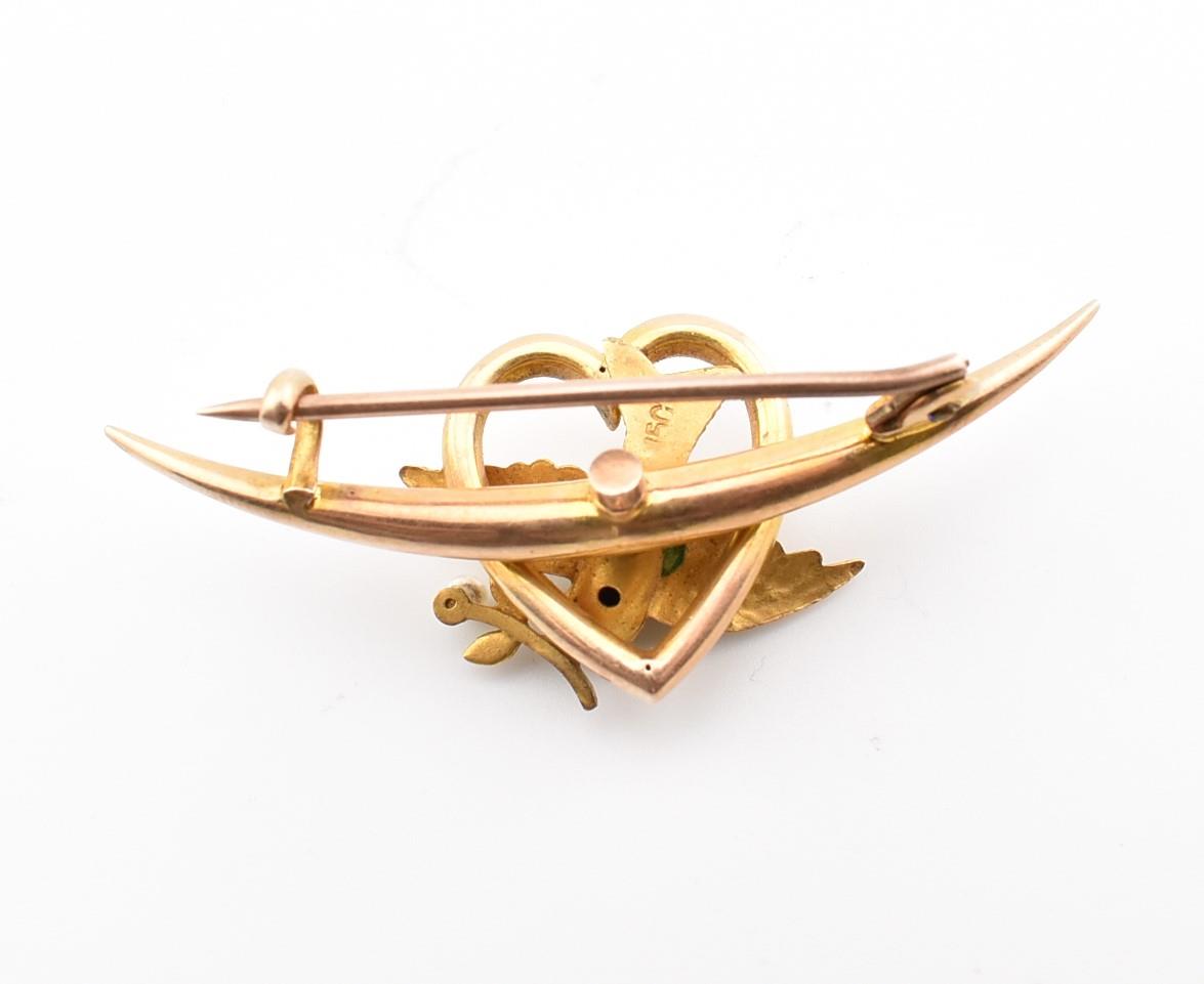 VICTORIAN 15CT GOLD SWALLOW HEART & CRESCENT BROOCH PIN - Image 2 of 6