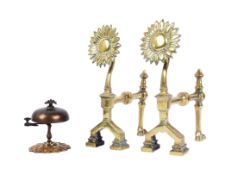 19TH CENTURY AESTHETIC MOVEMENT FIRE DOGS & BELL