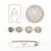 ASSORTMENT OF SILVER & SILVER PLATE & MOTHER OF PEARL ITEMS