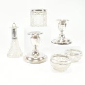 HALLMARKED SILVER SQUAT CANDLESTICKS & SILVER TOPPED VANITY ITEMS