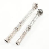 TWO SILVER PROPELLING PENCILS WITH BLOODSTONE SEALS