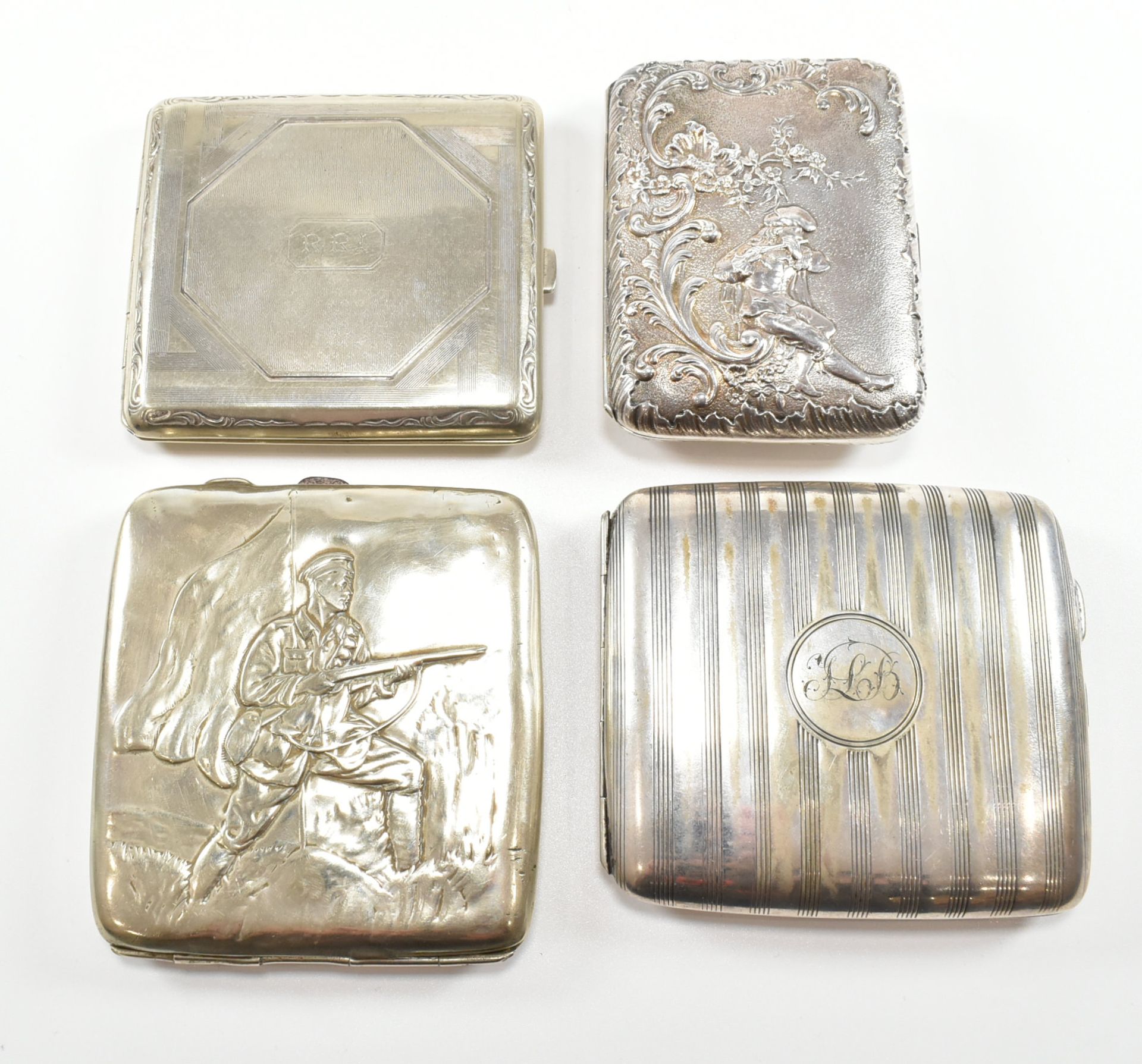 COLLECTION OF 20TH CENTURY SILVER PLATE WHITE METAL & ALPACCA CIGARETTE CASES
