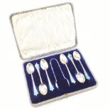 GEORGE V CASED HALLMARKED SILVER SPOONS WITH SILVER PLATE SUGAR TONGS