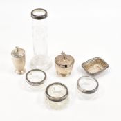 ASSORTMENT OF HALLMARKED SILVER ITEMS & SILVER COLLARED CUT GLASS