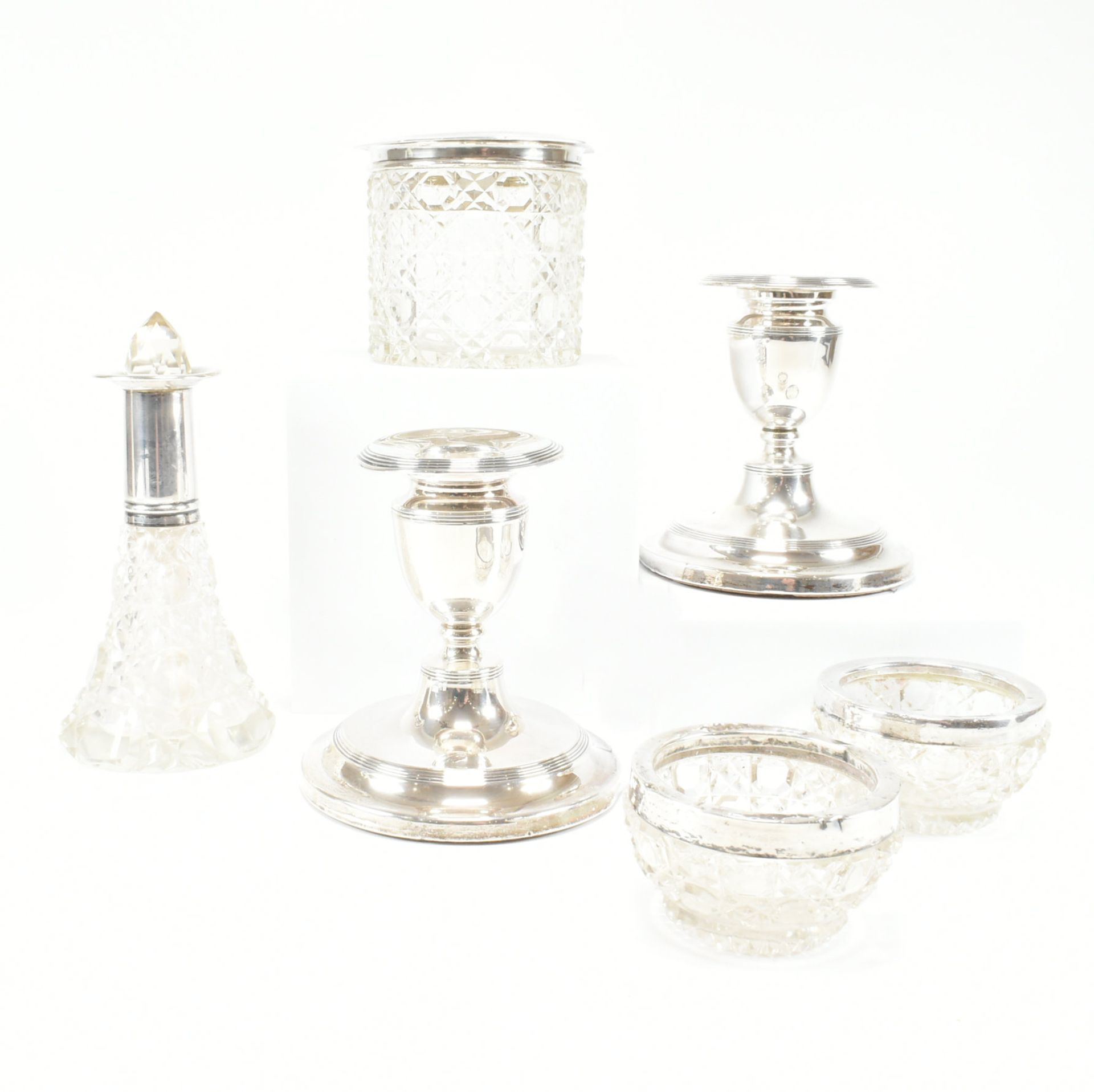 HALLMARKED SILVER SQUAT CANDLESTICKS & SILVER TOPPED VANITY ITEMS - Image 2 of 18
