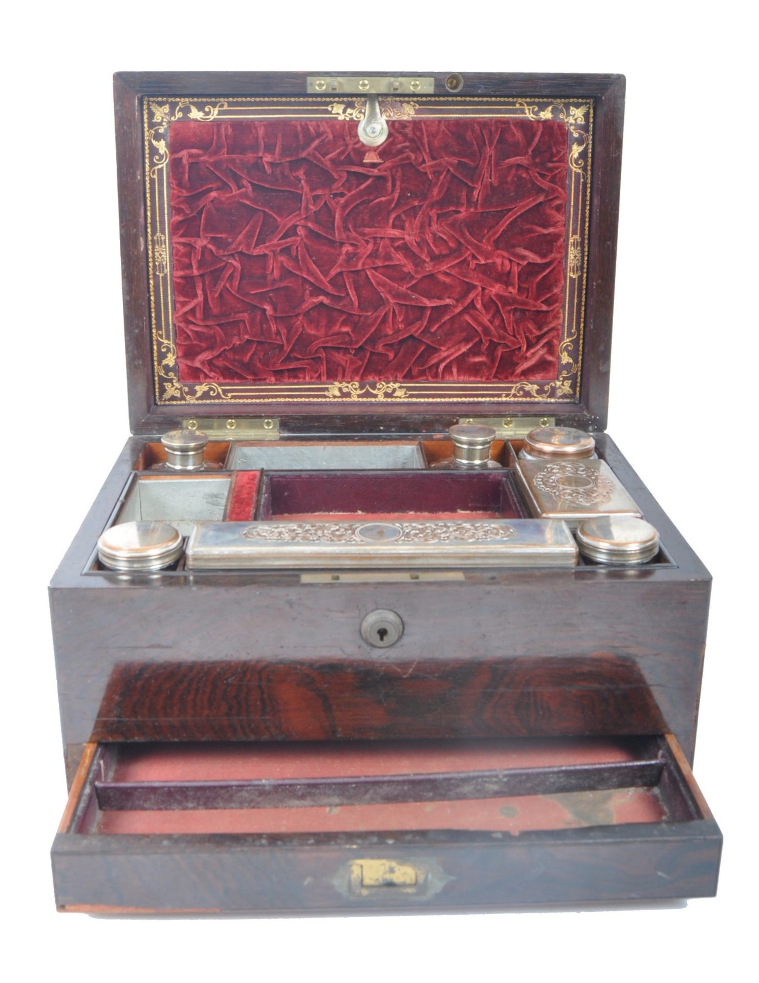 19TH CENTURY ROSEWOOD AND SILVER PLATE LADIES VANITY BOX