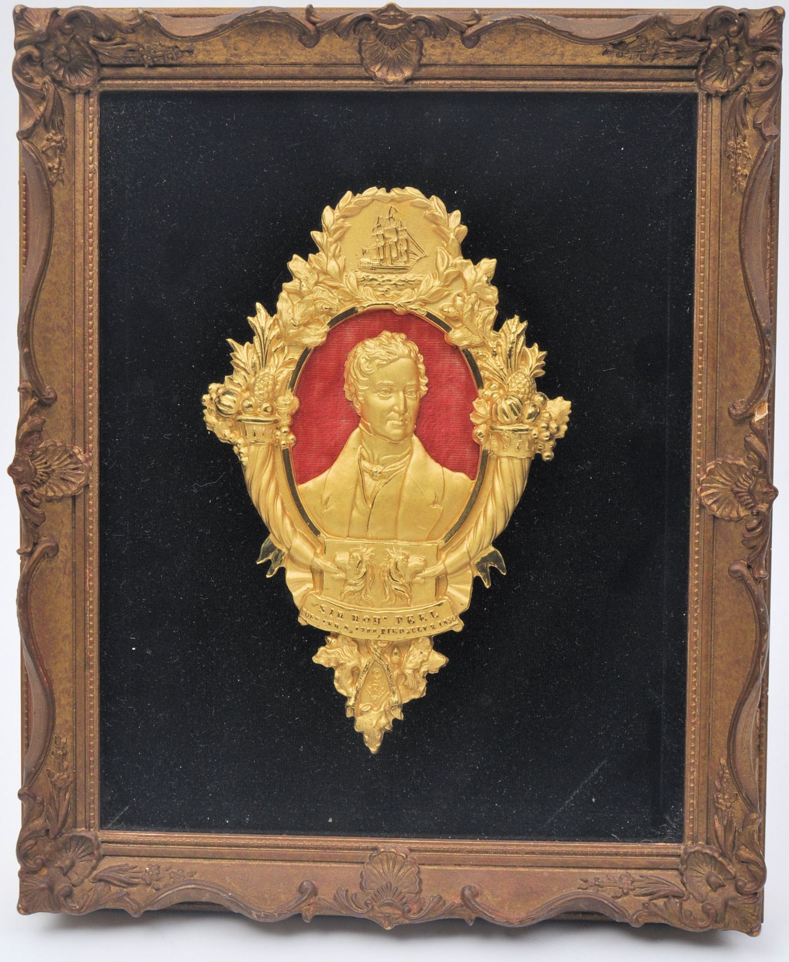 GILT METAL PLAQUE COMMEMORATING THE DEATH OF ROBERT PEEL