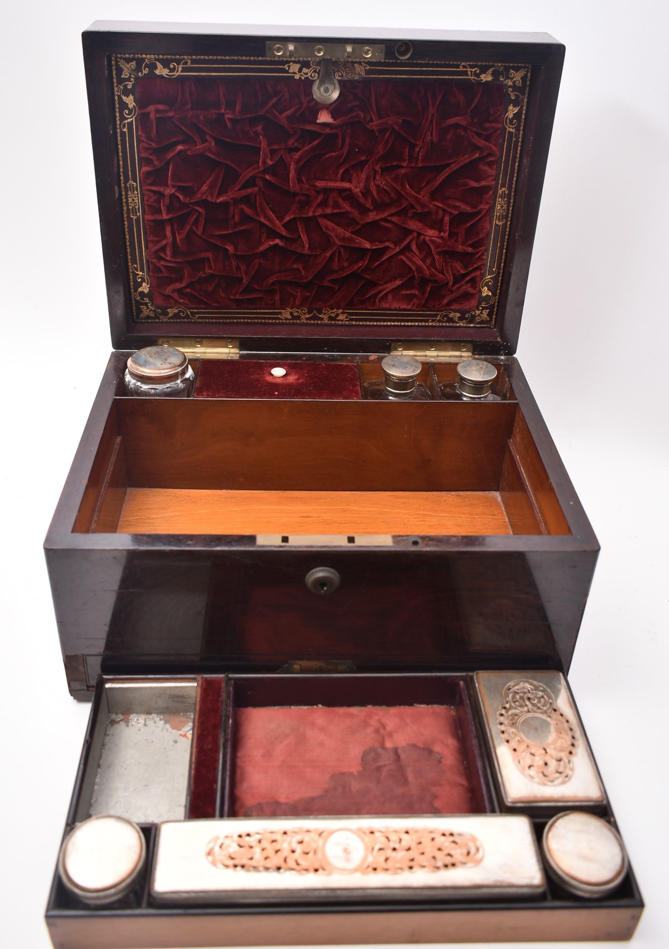 19TH CENTURY ROSEWOOD AND SILVER PLATE LADIES VANITY BOX - Image 9 of 10