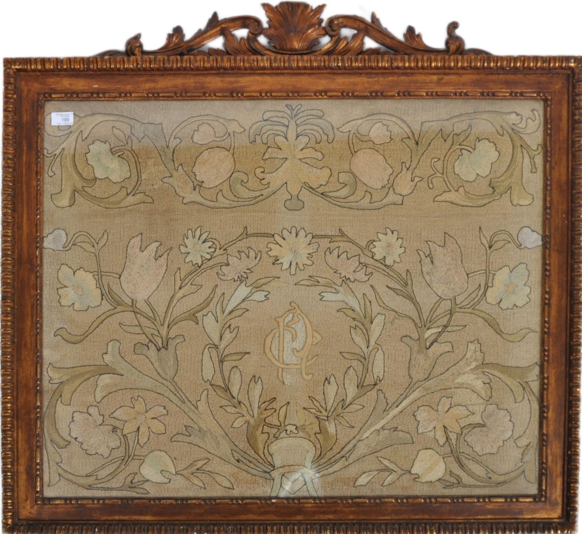 19TH CENTURY EMBROIDERED TAPESTRY WITHIN CARVED FRAME
