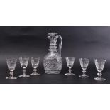 EARLY 19TH CENTURY CLARET JUG WITH 6 CUT GLASS DRAM GLASSES