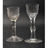 TWO GEORGE III CRYSTAL FACETED STEM CORDIAL GLASSES