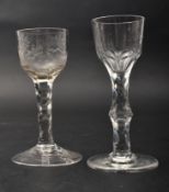 TWO GEORGE III CRYSTAL FACETED STEM CORDIAL GLASSES