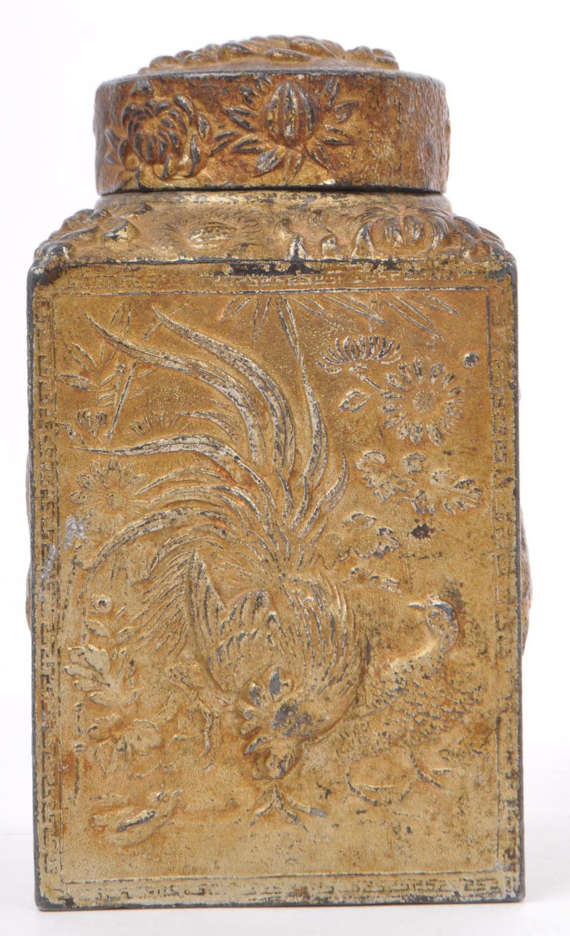 1920S CHINESE GILDED METAL TEA CADDY - BIRD VIGNETTES - Image 2 of 7