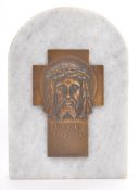 19TH CENTURY PRUD'HOMME BRONZE ON MARBLE CRUCIFIX PLAQUE