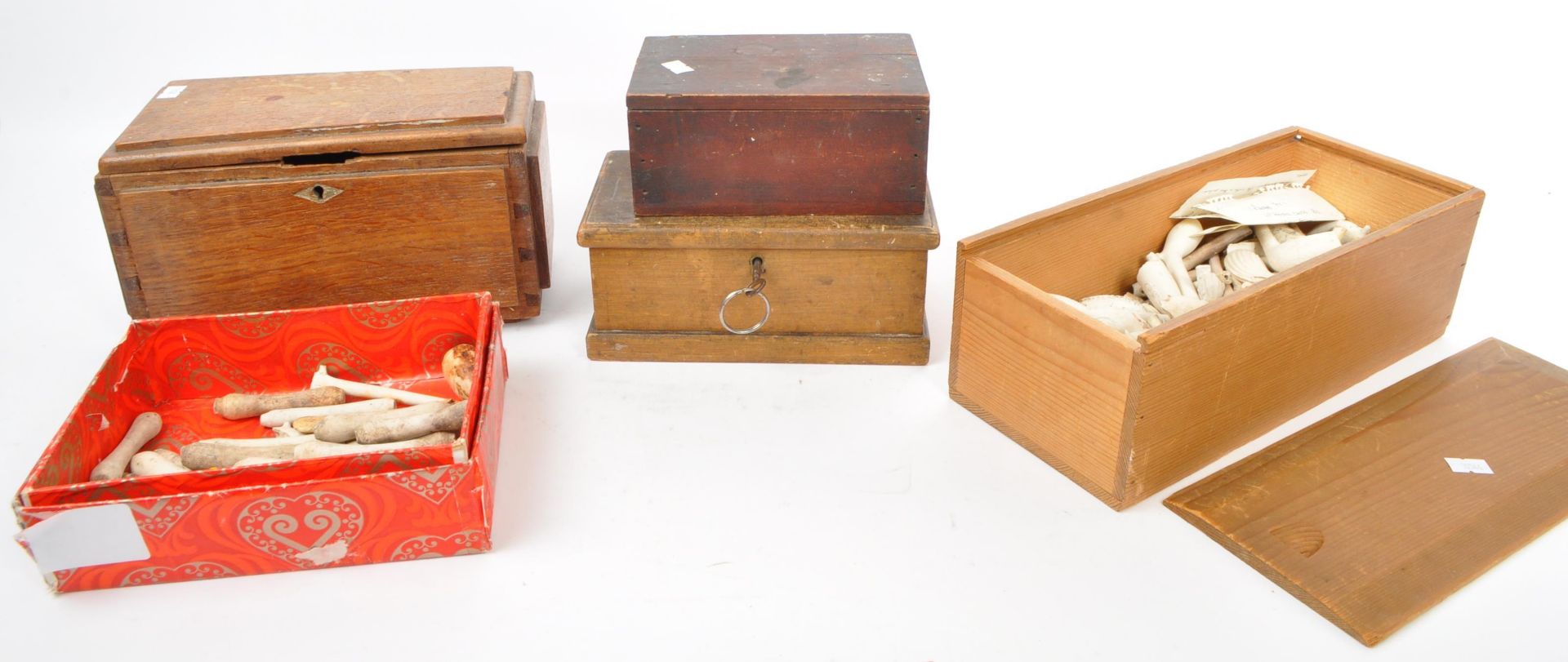 COLLECTION OF FOUR VINTAGE WOODEN STORAGE BOXES W/ PIPES