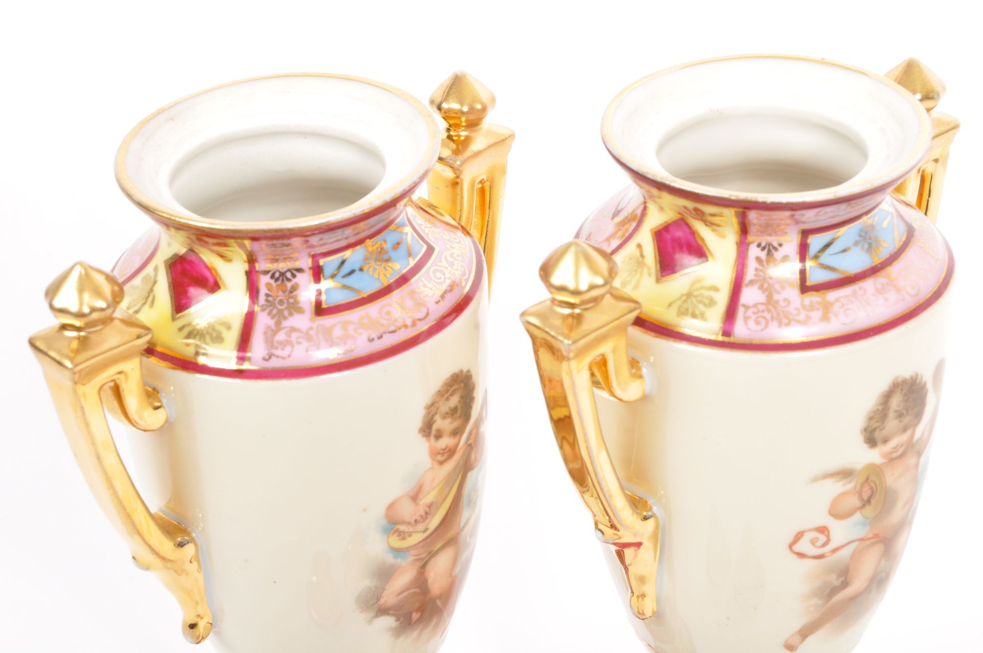 PAIR OF ANTIQUE GILDED GERMAN / AUSTRIAN TWIN HANDLED VASES - Image 5 of 8