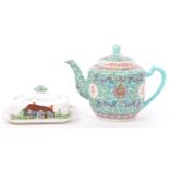 ASIAN CHINESE GREEN FAMILLE ROSE TEAPOT W/ BUTTER DISH