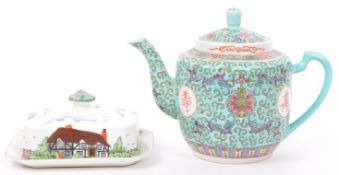 ASIAN CHINESE GREEN FAMILLE ROSE TEAPOT W/ BUTTER DISH