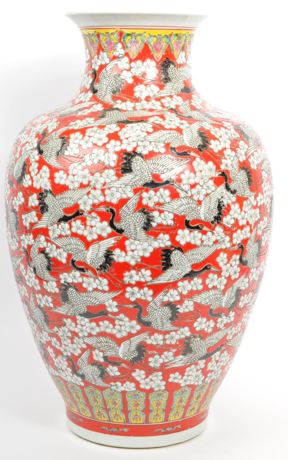 LARGE CHINESE VASE IN RED EMBELLISHED WITH CRANES & BLOSSOM - Image 2 of 6