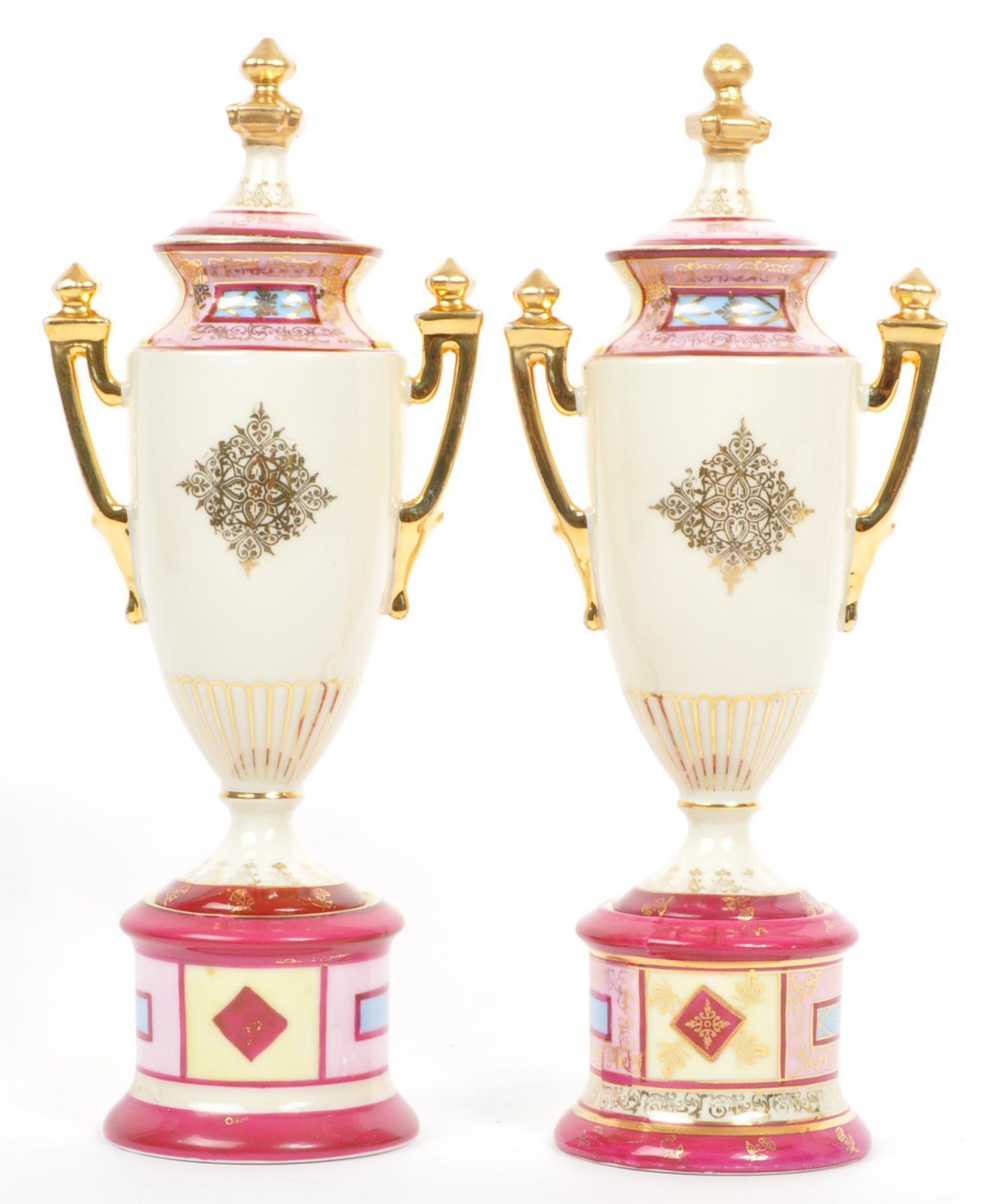 PAIR OF ANTIQUE GILDED GERMAN / AUSTRIAN TWIN HANDLED VASES - Image 3 of 8