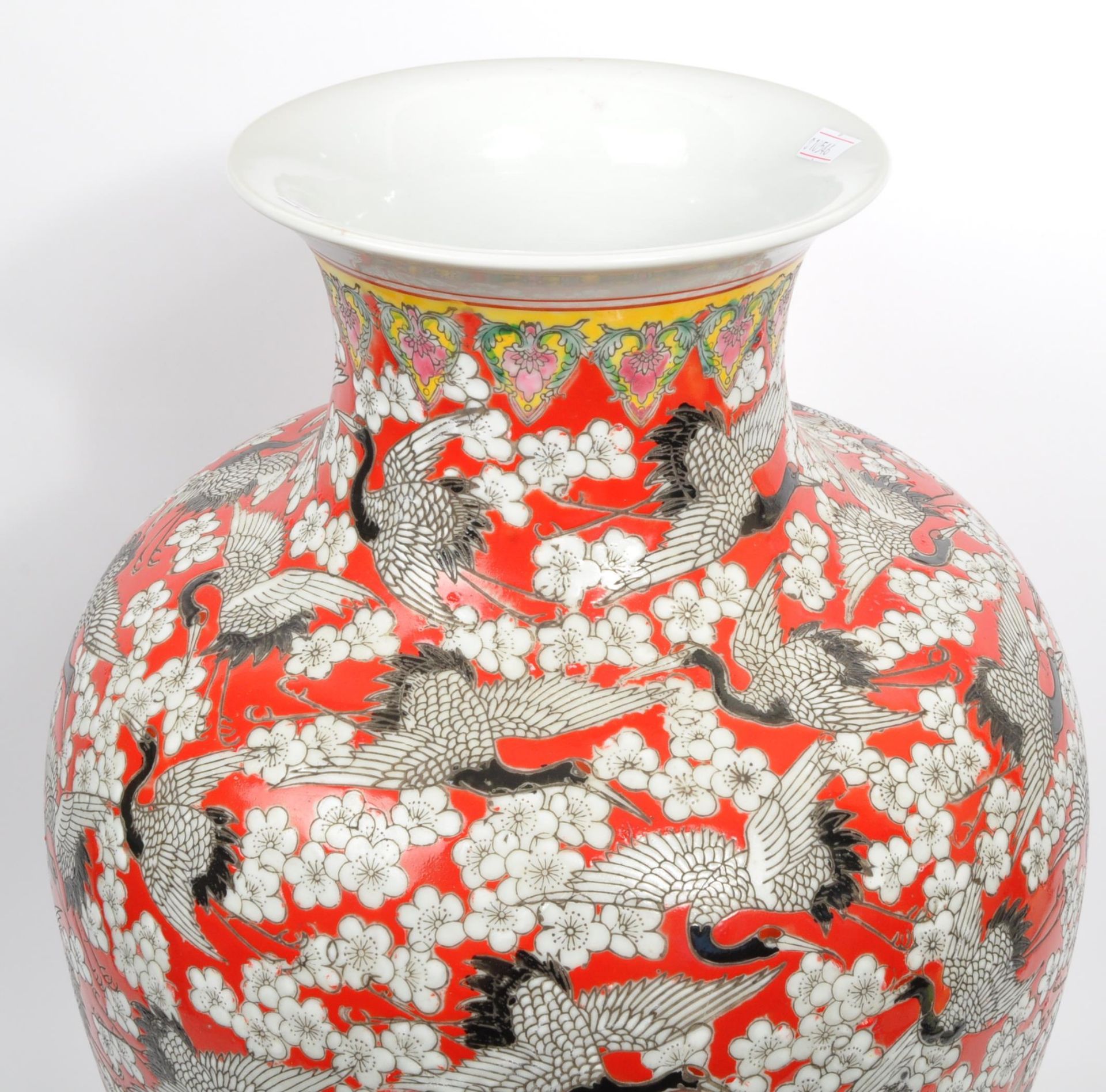 LARGE CHINESE VASE IN RED EMBELLISHED WITH CRANES & BLOSSOM - Image 3 of 6