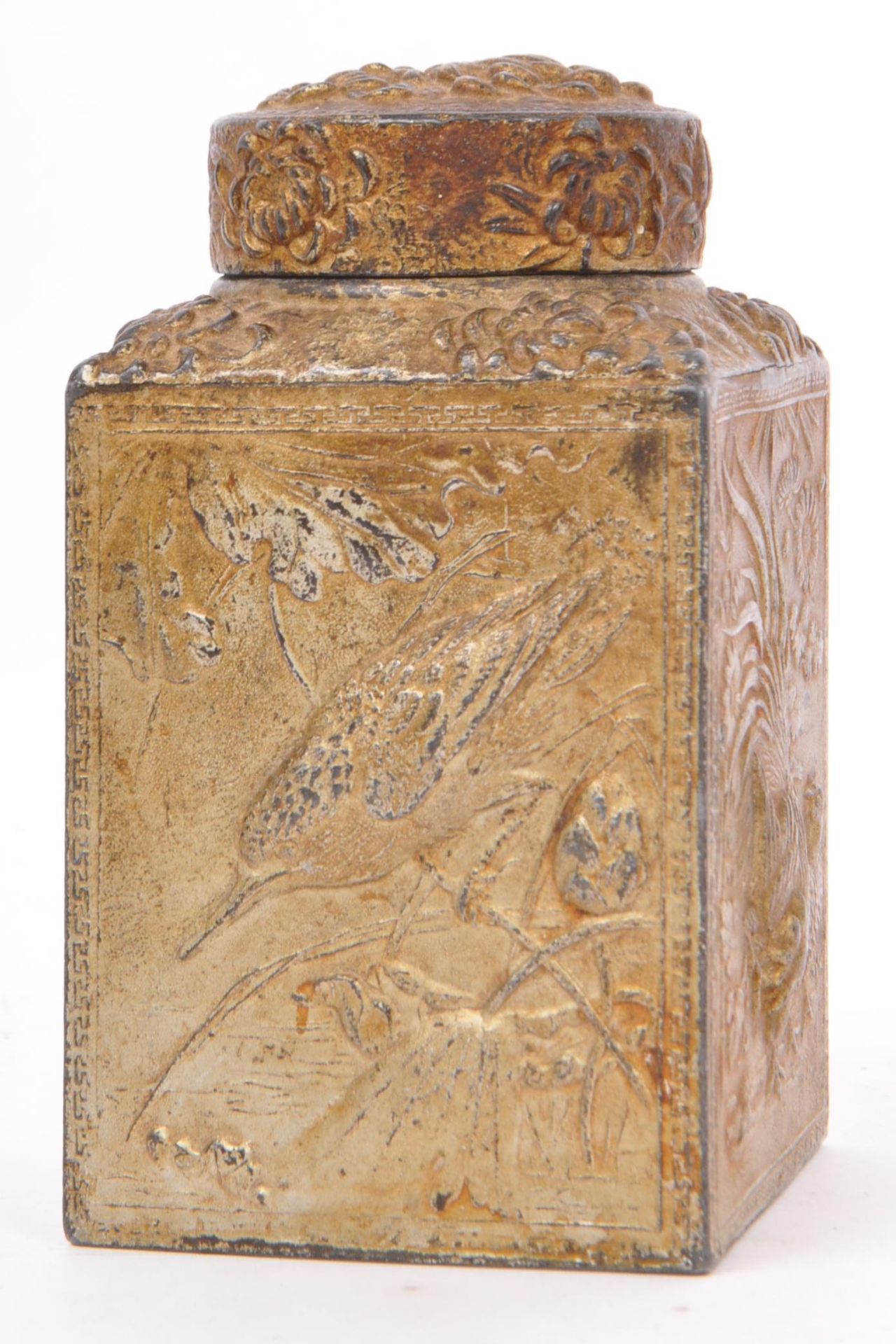 1920S CHINESE GILDED METAL TEA CADDY - BIRD VIGNETTES