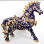 LARGE COBALT & GILT INDIAN ASIAN CERAMIC HORSE