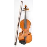LATE 19TH CENTURY TWO PIECE BACK VIOLIN 3/4 SIZE WITH BOW
